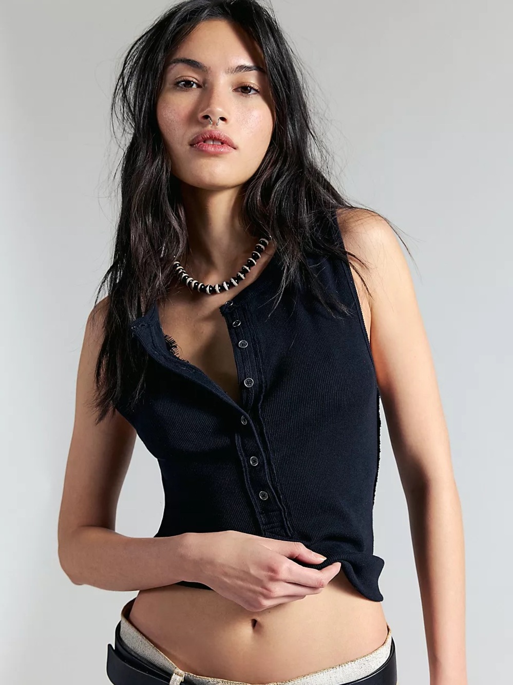 Free People Black Ribbed Snap-Front Tank